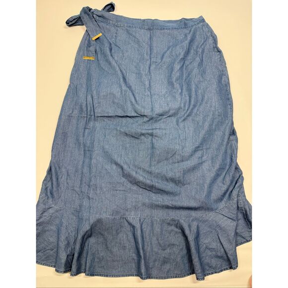 Michael Kors Chambray ruffle lightweight denim faux wrap skirt size Large NWOT - Picture 8 of 10